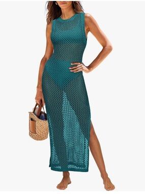 ANRABESS Teal Crochet Swim Cover Up Dress small Knit Beach Dress